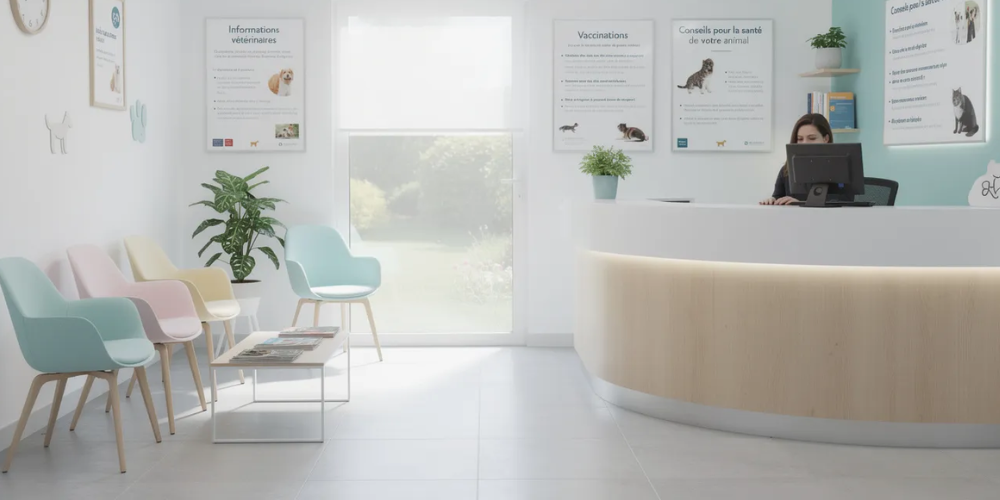 Salle d'attente d'une clinique vétérinaire.
