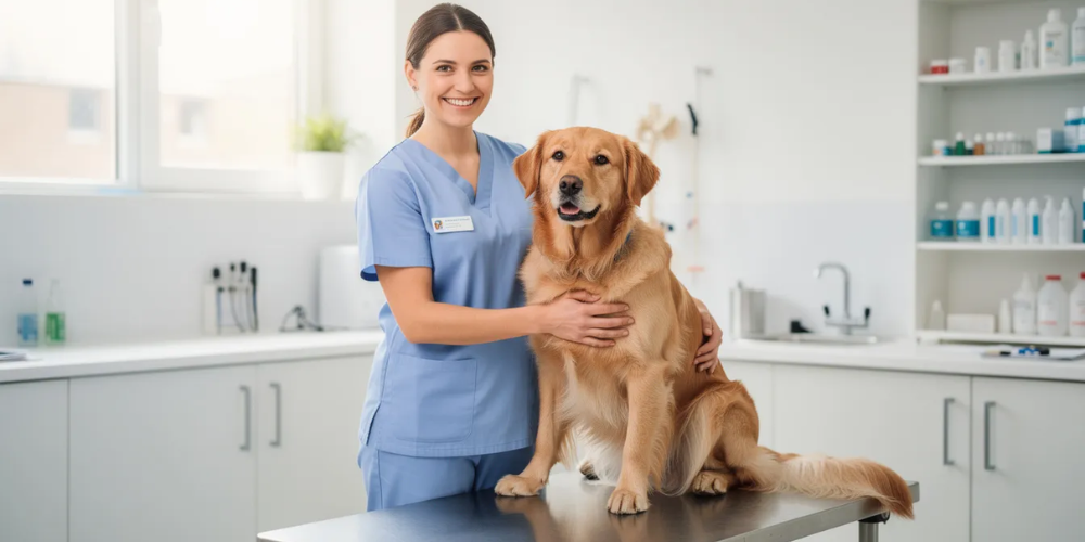AASV, ASV en consulation avec un chien, un golden rétrieveur.