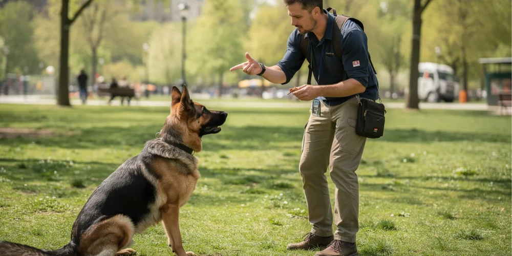 Chien avec un éducateur dans un parc