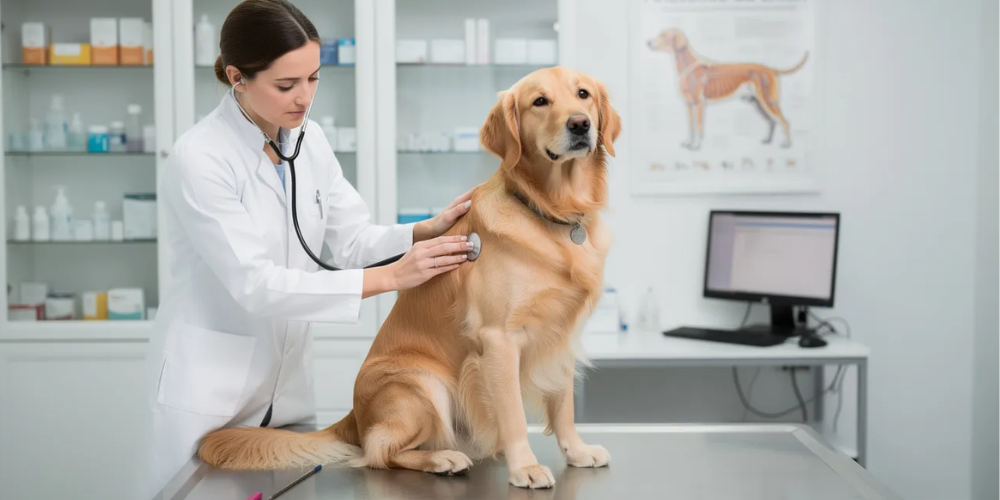 Chien dans une clinique avec une vétérinaire.