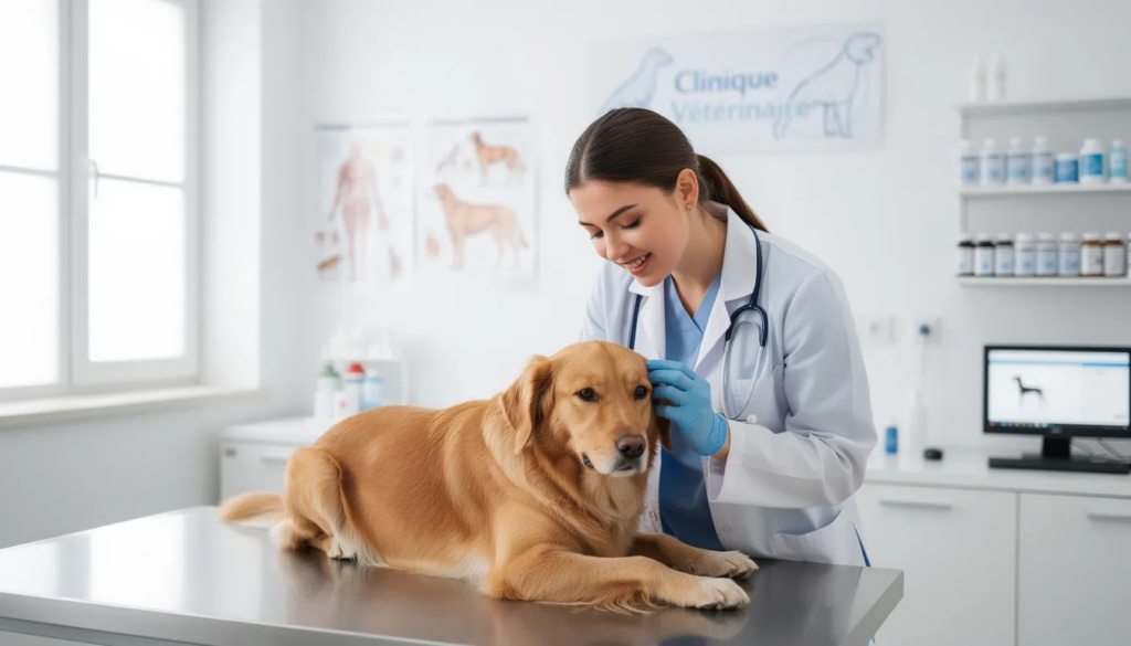 vétérinaire qui ausculte un chien